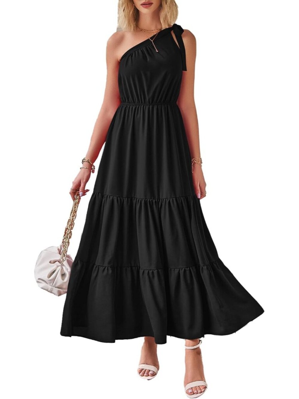 Women's Solid Black Sleeveless Tiered A Line One Shoulder Boho Floral Maxi Dress